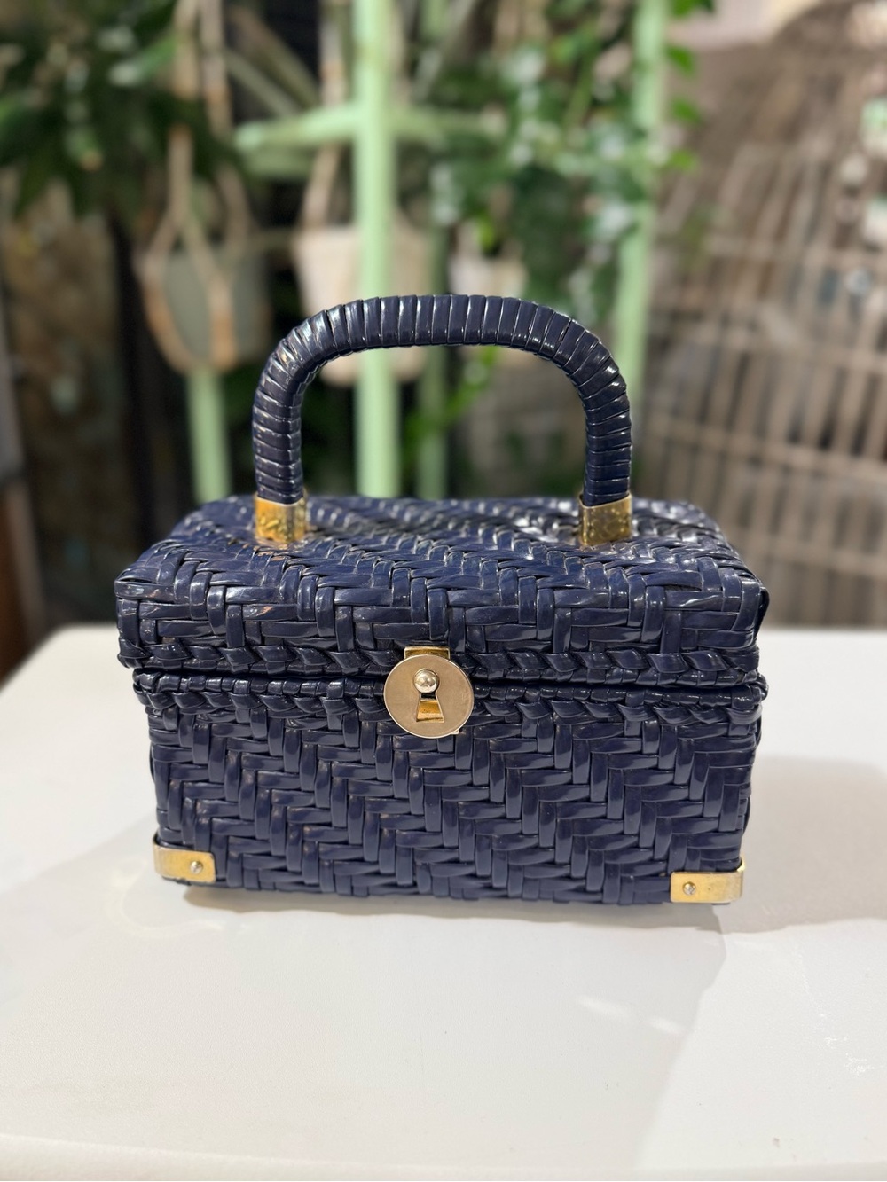 RARE GEM Vintage 1960s Lesco Lona Navy Woven Wicker Box Purse